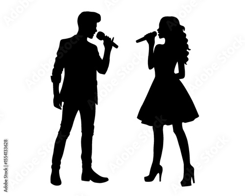 Silhouettes of female and male singers singing, isolated icons on white background.
