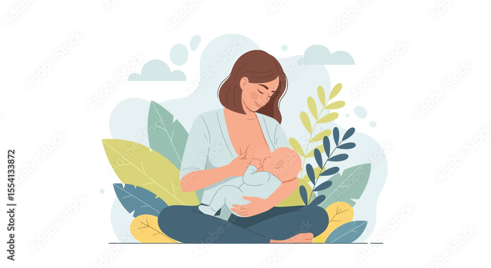 Adobe illustrator artwork vector illustration of breastfeeding for the baby. A loving mother holds and feeds her newborn. A concept of maternity, bonding, natural nutrition, and infant care. Adobe illustrator artwork vector illustration of breastfeeding for the baby. A loving mother holds and feeds her newborn. A concept of maternity, bonding, natural nutrition, and infant care.