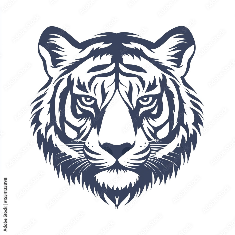 Obraz premium A bold, graphic illustration of a tiger's head, featuring striking orange and black stripes with white accents, against a plain white background.