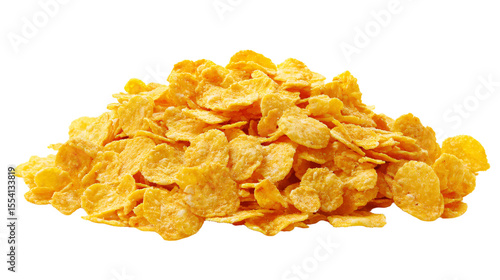a pile of corn flakes on a white surface