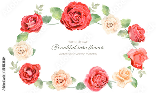 水彩で描いた薔薇の花のフレーム（リース）