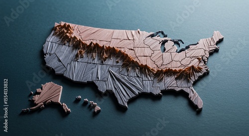 Sculptural US Map Highlights Rugged Mountain Ranges in Intricate Detail.
