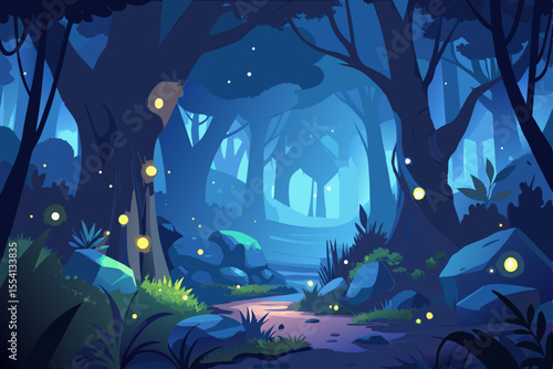 Enchanted Night Forest Path with Firefly Lights mystical forest path night lit glowing fireflies surrounded dark trees and rocks forest night path fireflies trees rocks