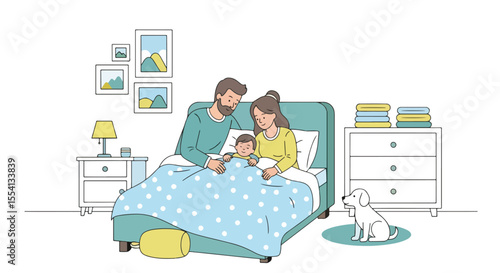 Adobe illustrator artwork vector illustration of mom and dad in the baby bedroom. Parents putting their child to sleep in a cozy room with a crib, dresser, lamp, and dog. Family bedtime scene.