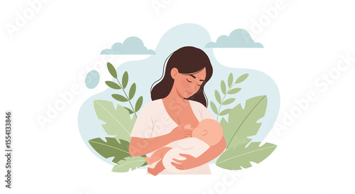 Adobe illustrator artwork vector illustration of breastfeeding for the baby. A loving mother holds and feeds her newborn. A concept of maternity, bonding, natural nutrition, and infant care.