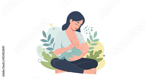 Adobe illustrator artwork vector illustration of breastfeeding for the baby. A loving mother holds and feeds her newborn. A concept of maternity, bonding, natural nutrition, and infant care.