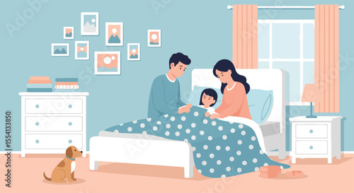 Adobe illustrator artwork vector illustration of mom and dad in the baby bedroom. Parents putting their child to sleep in a cozy room with a crib, dresser, lamp, and dog. Family bedtime scene.