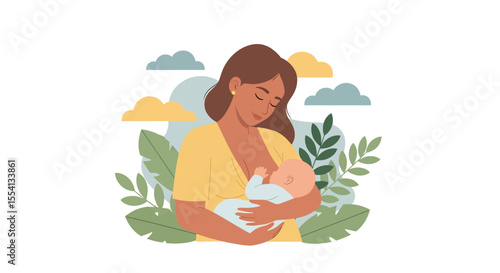 Adobe illustrator artwork vector illustration of breastfeeding for the baby. A loving mother holds and feeds her newborn. A concept of maternity, bonding, natural nutrition, and infant care.