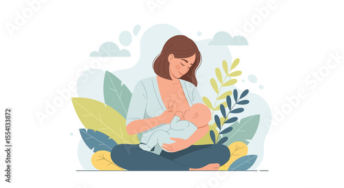 Adobe illustrator artwork vector illustration of breastfeeding for the baby. A loving mother holds and feeds her newborn. A concept of maternity, bonding, natural nutrition, and infant care.