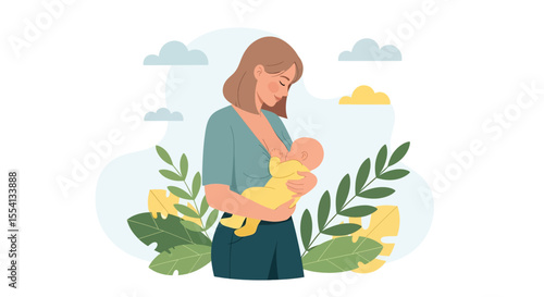 Adobe illustrator artwork vector illustration of breastfeeding for the baby. A loving mother holds and feeds her newborn. A concept of maternity, bonding, natural nutrition, and infant care.