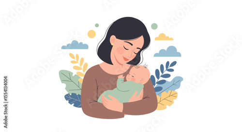 Adobe illustrator artwork vector illustration of a mother hugging her baby. A tender moment of love, connection, and bonding between a mom and her newborn. A gentle concept of happy motherhood.