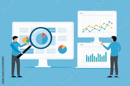 Business Analysts Examining Data Charts and Graphs on Computer Screens