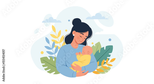 Adobe illustrator artwork vector illustration of a mother hugging her baby. A tender moment of love, connection, and bonding between a mom and her newborn. A gentle concept of happy motherhood.