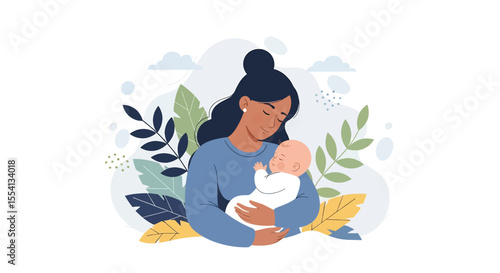 Adobe illustrator artwork vector illustration of a mother hugging her baby. A tender moment of love, connection, and bonding between a mom and her newborn. A gentle concept of happy motherhood.