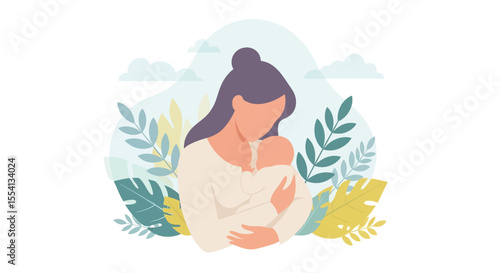 Adobe illustrator artwork vector illustration of a mother hugging her baby. A tender moment of love, connection, and bonding between a mom and her newborn. A gentle concept of happy motherhood.