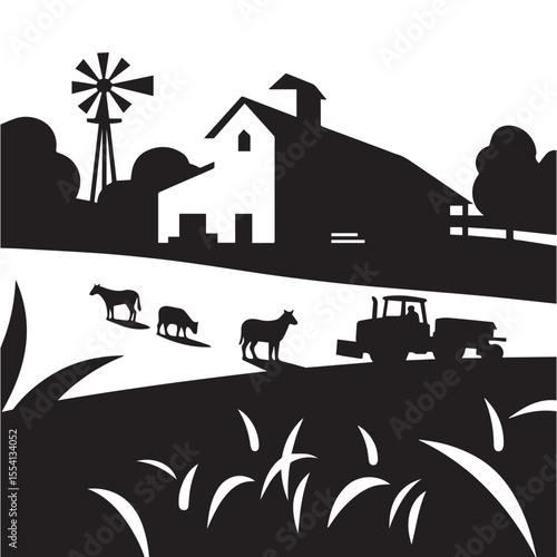 Farm scene with barn tractor windmill animals and crops Silhouette on White Background. 