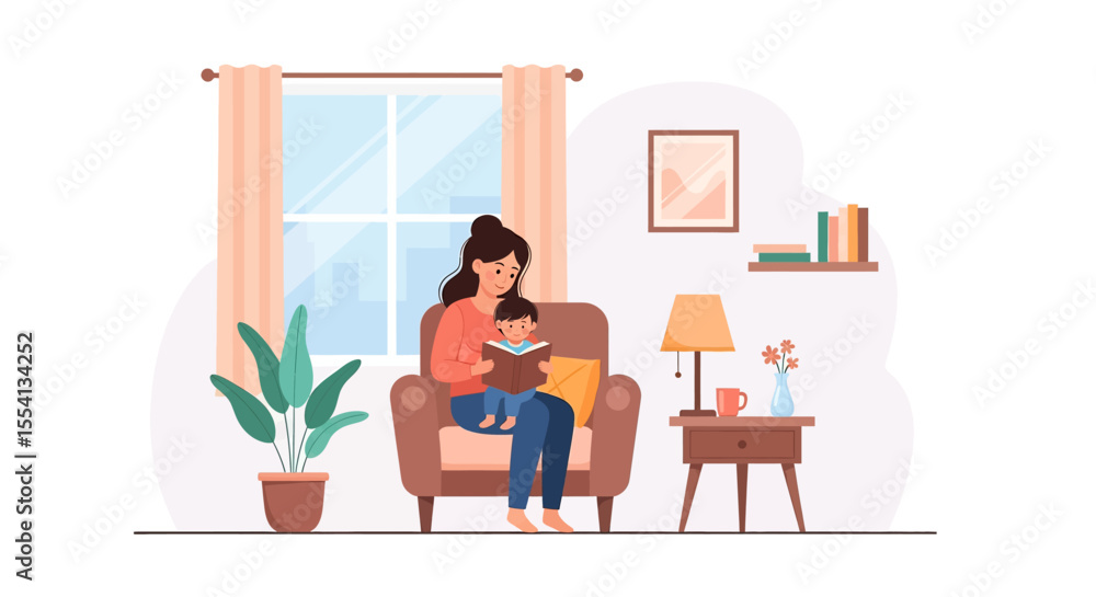 Adobe Illustrator artwork vector illustration of a mother and child sharing a book in a cozy living room, symbolizing family bonding and early childhood education. Adobe Illustrator artwork vector illustration of a mother and child sharing a book in a cozy living room, symbolizing family bonding and early childhood education.