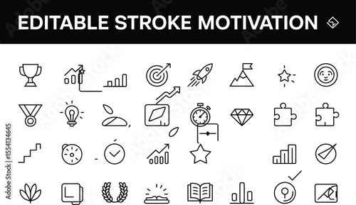 Editable stroke motivation icon set isolated on white background