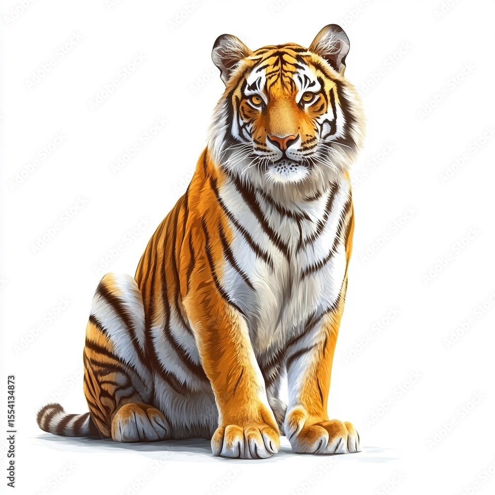 Obraz premium A striking, stylized illustration of a tiger sitting calmly, with its signature orange and black stripes, set against a pristine white background.