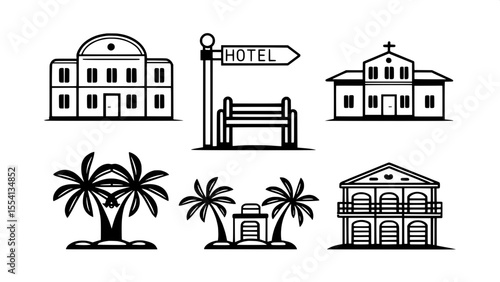 "Sketch a simple thin-line icon set that represents different types of accommodation: resort, motel, hostel, villa, and boutique hotel."



