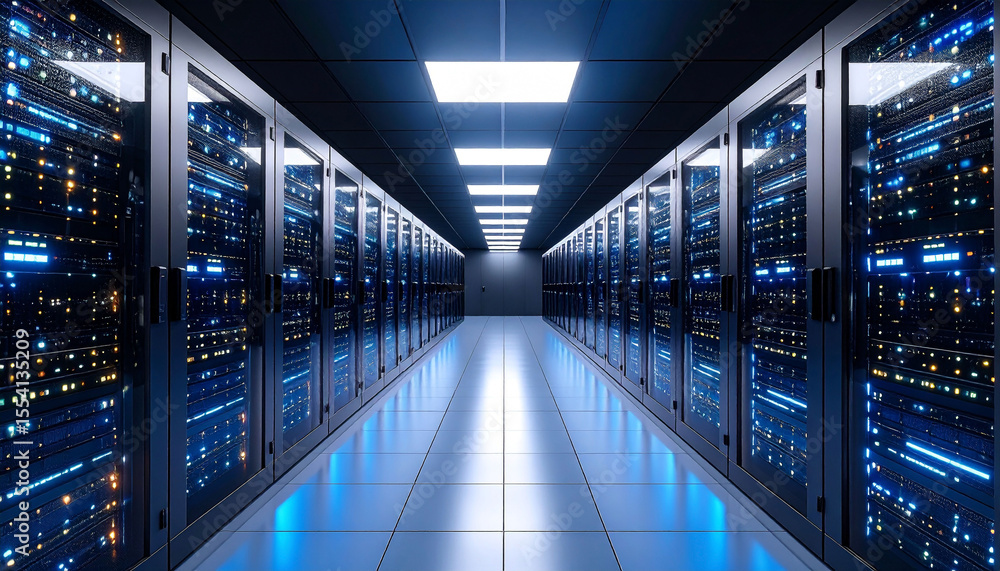 A long, dark server room with rows of lit, glass-fronted server racks, reflecting on a polished floor, lit by ceiling lights A long, dark server room with rows of lit, glass-fronted server racks, reflecting on a polished floor, lit by ceiling lights