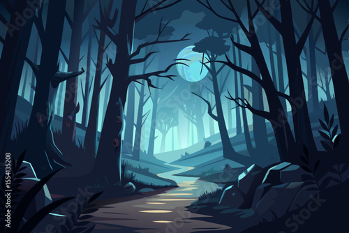 Mysterious Moonlight Forest Path stylized illustration dark serene forest path under pale moon forest path moonlight night trees illustration landscape nature fantasy dark creek stream