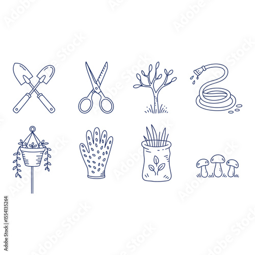 Gardening tools and plants in a simple line drawing style isolated
