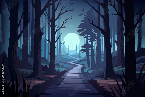 Mysterious Moonlight Forest Path stylized illustration dark forest path under pale moon forest path moonlight night trees landscape illustration nature dark fantasy spooky woods road
