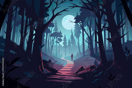 Silhouette of a Person Walking in a Mystical Moonlight Forest stylized illustration person walking path dark forest night under full moon forest moonlight night path