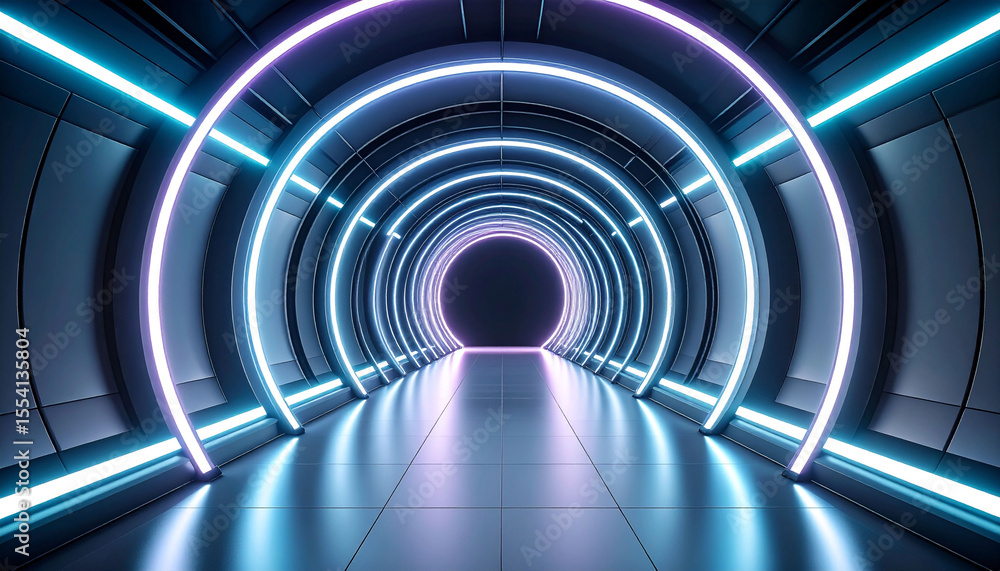 Futuristic tunnel with vibrant neon purple and cyan circular lights, reflecting on a glossy floor, creating a mesmerizing, symmetrical perspective Futuristic tunnel with vibrant neon purple and cyan circular lights, reflecting on a glossy floor, creating a mesmerizing, symmetrical perspective
