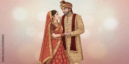 A beautifully crafted vector illustration of an Indian wedding couple dressed in traditional ceremonial attire