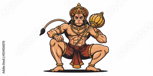 A dynamic vector illustration of Lord Hanuman, the revered Hindu deity, shown in a heroic stance with muscular form, expressive features, and traditional ornament