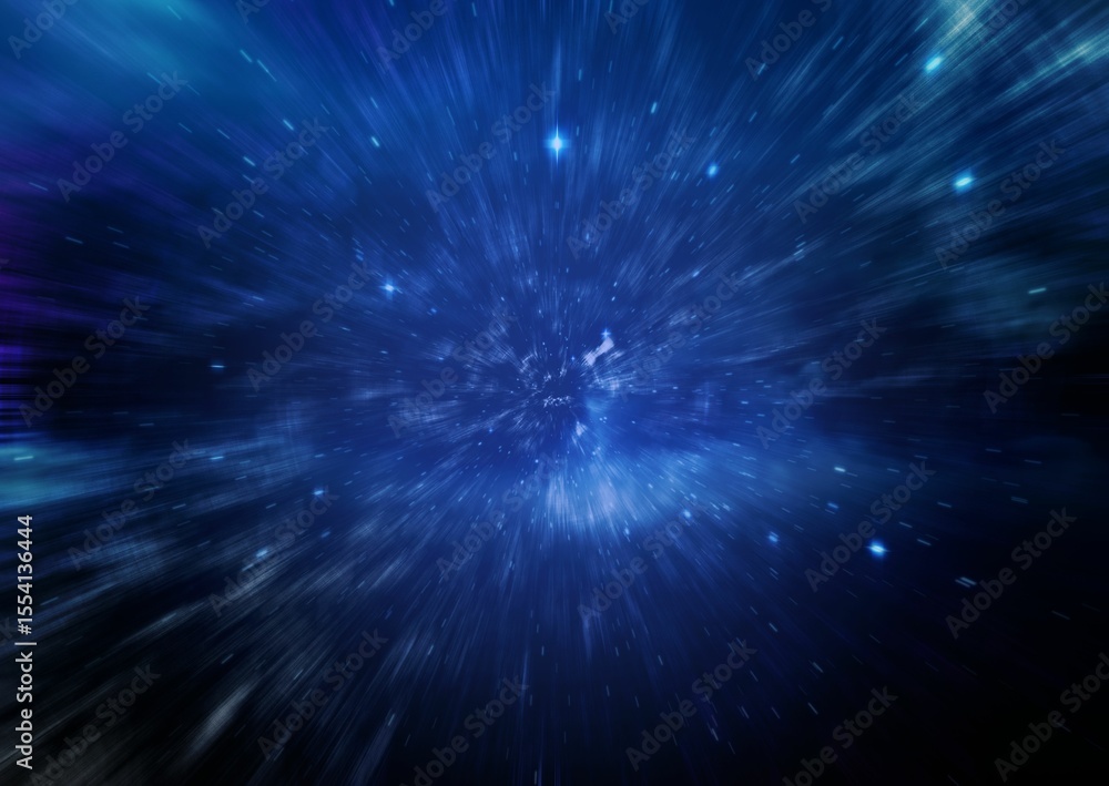 Fototapeta premium Central starburst is radiating radial light trails and glowing nebulae in flat deep space design