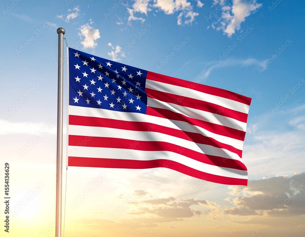 Fototapeta premium American flag with dramatic sky and sun flare