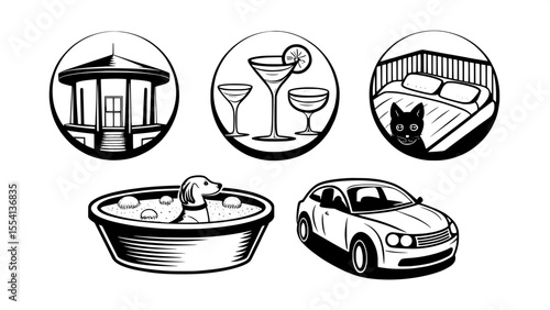 "Produce outline icons for luxury hotel amenities: rooftop bar, private balcony, hot tub, valet service, and pet-friendly."




