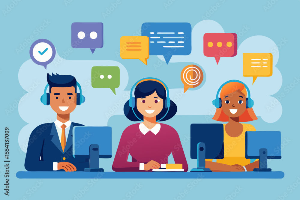Customer Support Team at Work Three customer service agents with headsets sitting computers ready assist customer service support agents call center telemarketing customer support team Customer Support Team at Work Three customer service agents with headsets sitting computers ready assist customer service support agents call center telemarketing customer support team
