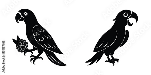 Parrot Eating Fruit Flat Silhouette on White Background