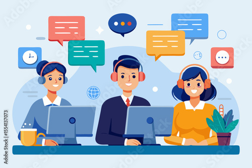 Customer Support Team Ready to Assist Three customer service representatives with headsets and computers engaged communication customer service support team call center help desk customer