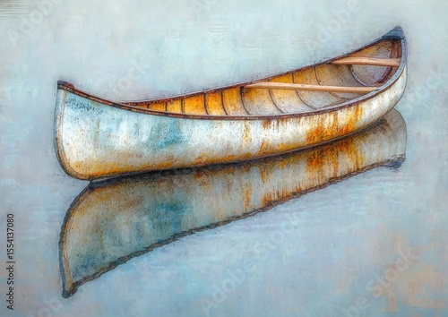 Antique canoe on still water, painted reflection