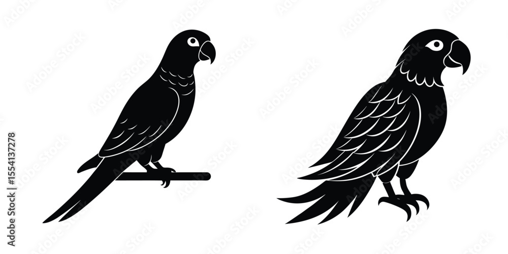 Fototapeta premium Parrot on Perch Flat Silhouette on White Background