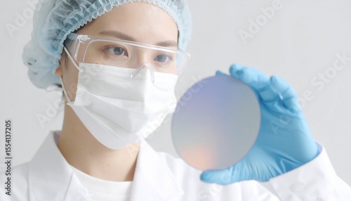 半導体製造工場でウェハーを目視で検査する女性エンジニアのイメージ  クローズアップ