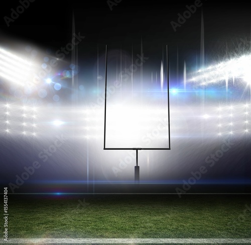 Flat design football goal post is standing on turf with white yard line under floodlight flares