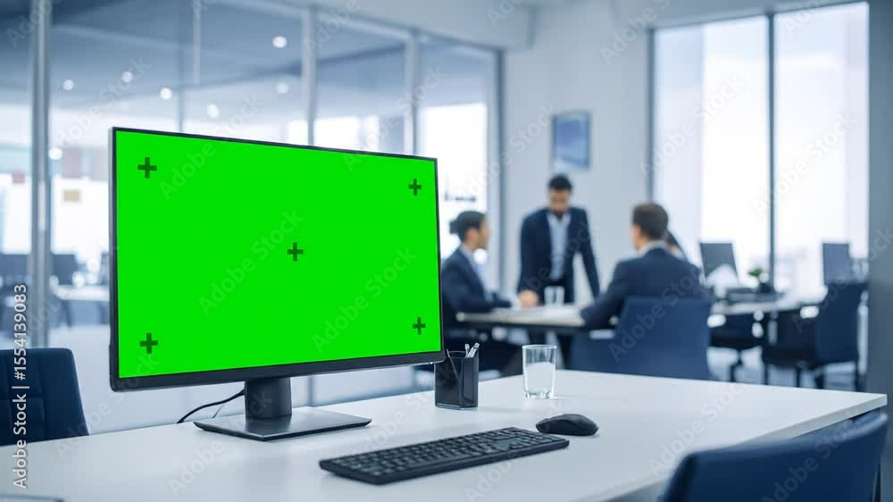 Modern office space featuring a green screen monitor with business team in background Modern office space featuring a green screen monitor with business team in background