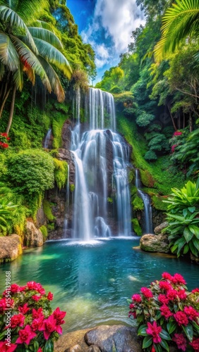 Waterfall in tropical island with lush greenery and vibrant flowers