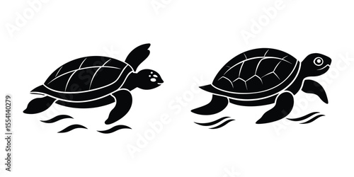 Turtle Gliding in Water Flat Silhouette on White Background