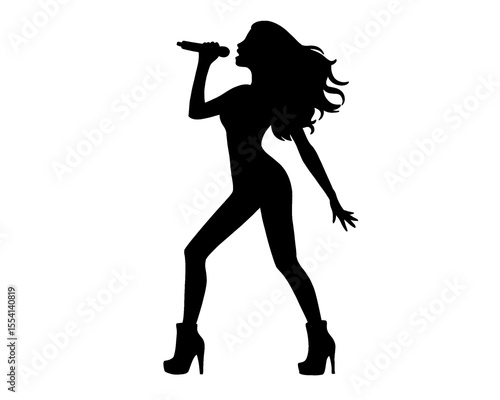 Silhouette of female singer singing, isolated icon on white background.	