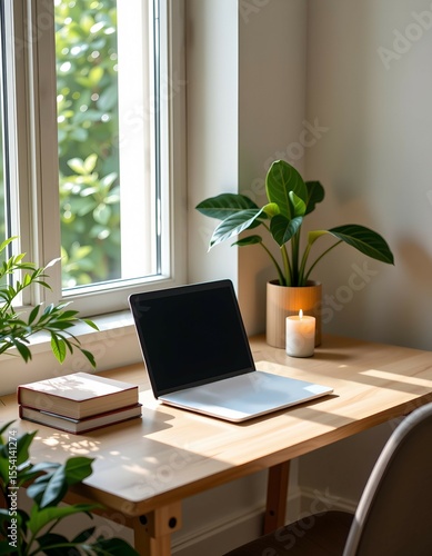 A cozy minimalist workspace setup as a home office with a laptop and candles by the window with warm natural light and plants and books, quiet with greenery and soft sunlight.