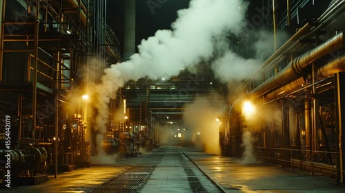 Wallpaper Mural Industrial alley with smoke and steam rising between old buildings, illuminated by street lights in dark night. Post-industrial atmosphere Torontodigital.ca