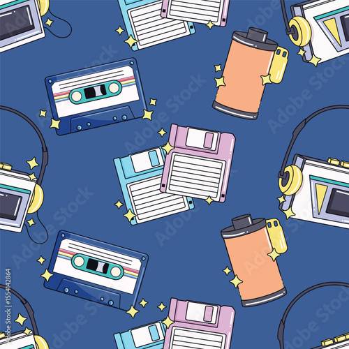 Seamless pattern background design, computer, tape, tv, casette, skateboard, brush, roller shoes, white, abstract, grunge, independence, vector art illustration design