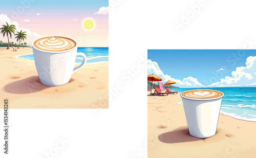 Vsai cappuccino, latte or coffee enjoying the sunrise or a sunny day on the beach